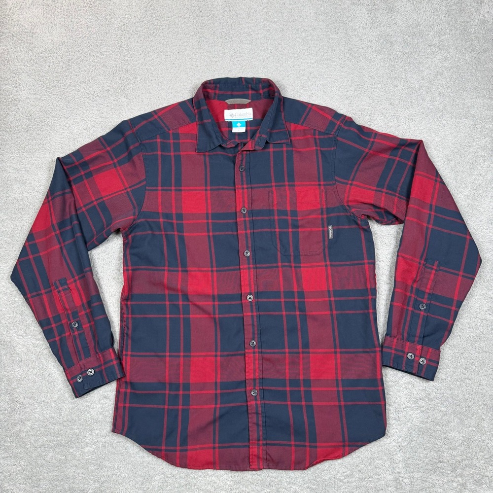 Columbia Mens Red Navy Blue Plaid Long‎ Sleeve Button Down Shirt Small Polyester